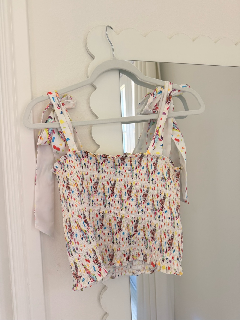 Smocked Tie-Shoulder White Multi-Color Women’s Tank Top